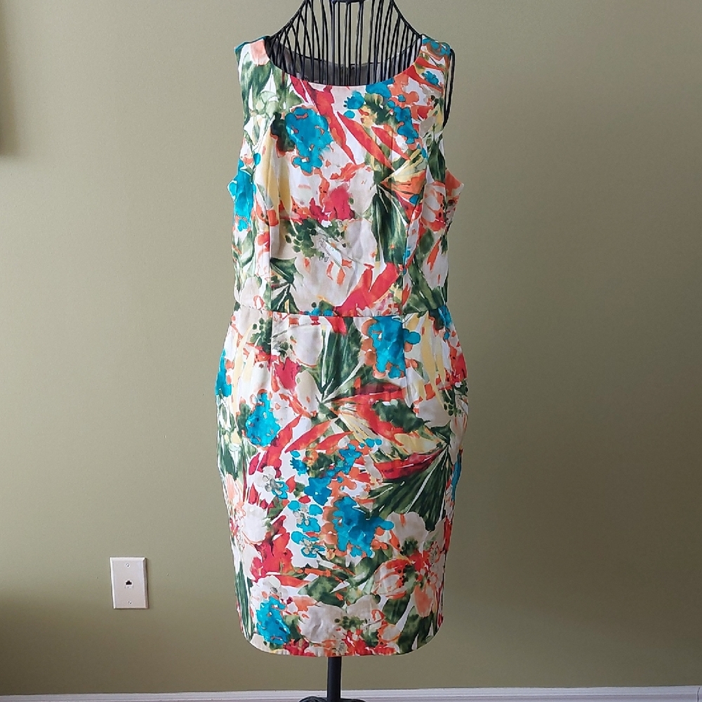 Evan Picone Tropical Floral Midi Sheath Dress in Teal, Green & Coral